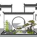 Chinese Zen Indoor Landscape With Moon Gate Rockery Bamboo And Pine Tree