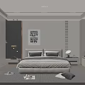 Modern Bedroom Interior Design With Large Bed Gray Pillows Wall Art And Striped Rug