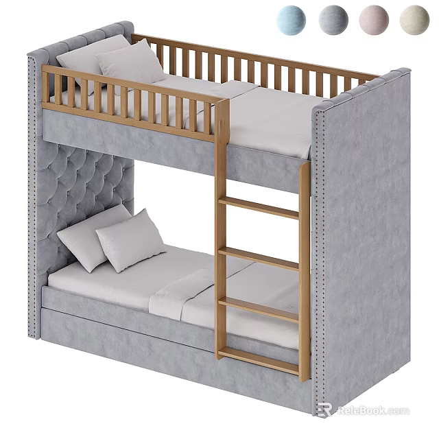 Kids Bunk Bed with Grey Tufted Headboard Wooden Ladder and Upper Lower Mattresses 3d model 