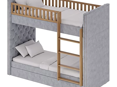 Kids Bunk Bed with Grey Tufted Headboard Wooden Ladder and Upper Lower Mattresses 3d model
