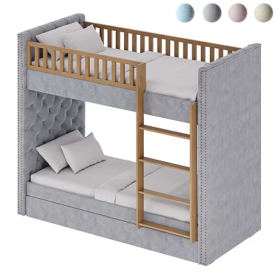 Kids Bunk Bed with Grey Tufted Headboard Wooden Ladder and Upper Lower Mattresses 3d model
