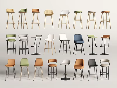 Colorful Bar Stools With Various Styles Wooden And Metal High Backrest Designs 3d model