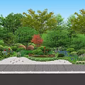 Lush Arbor Trees In Natural Garden Landscape With Green Shrubs And Wooden Bench