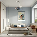 Modern Bedroom Interior Design With Bed Nightstands Chandelier Wall Art And Curtains