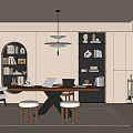 Middle Style Study Desk Bookcase Chandelier Round Stool 3d model