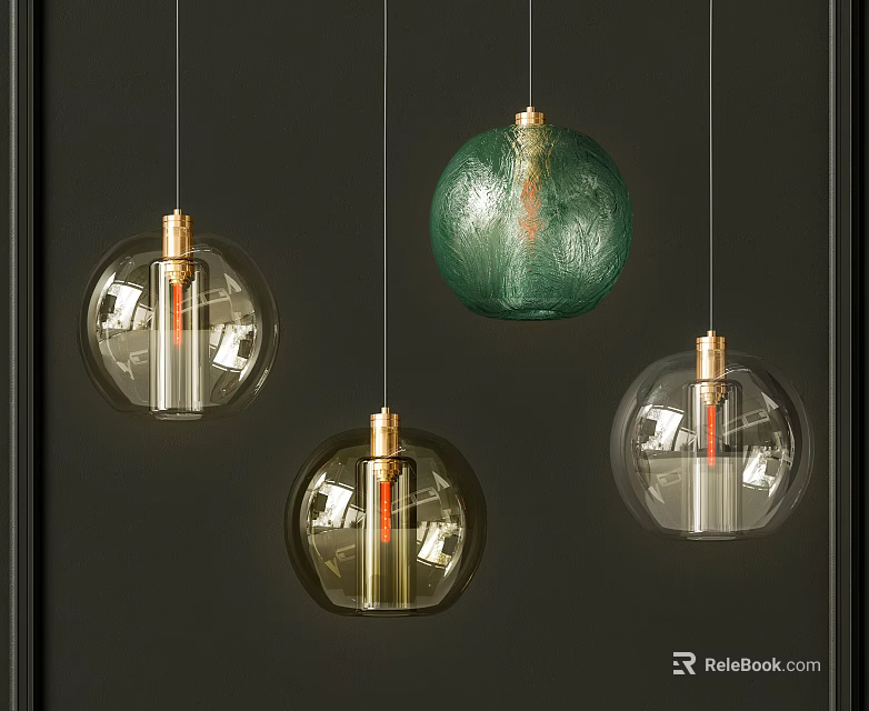 Modern Glass Pendant Lights With Golden Bases Green And Transparent Shades On Dark Background 3d model 