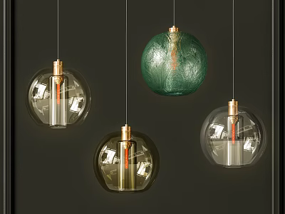 Modern Glass Pendant Lights With Golden Bases Green And Transparent Shades On Dark Background 3d model