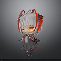 Chibi Character With White Hair Red Ears And Red Eyes In Gray And Red Outfit