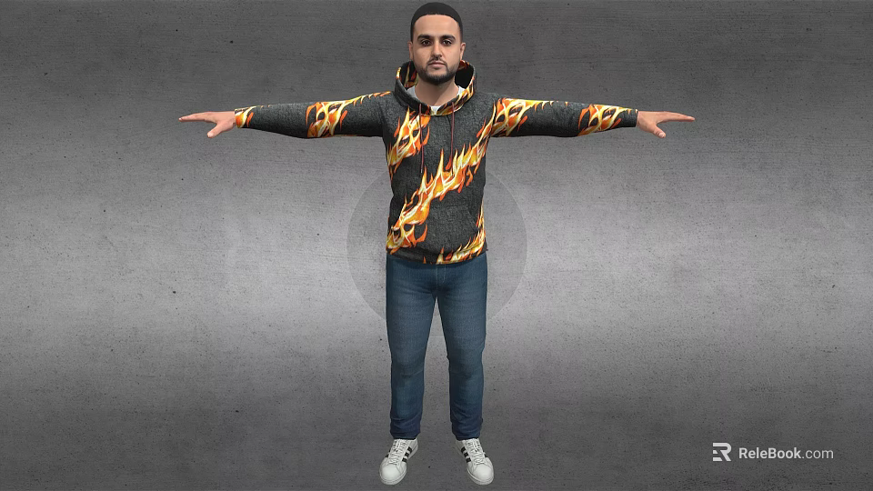 Man in Flame Patterned Hoodie with Arms Outstretched on Gray Background 3d model