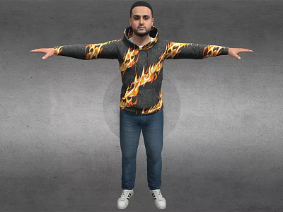 Man in Flame Patterned Hoodie with Arms Outstretched on Gray Background 3d model