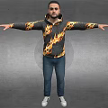 Man in Flame Patterned Hoodie with Arms Outstretched on Gray Background 3d model