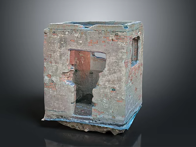 Ruined Cubic Architectural Structure With Weathered Brick Surface And Broken Openings 3d model