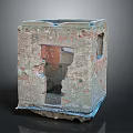 Ruined Cubic Architectural Structure With Weathered Brick Surface And Broken Openings