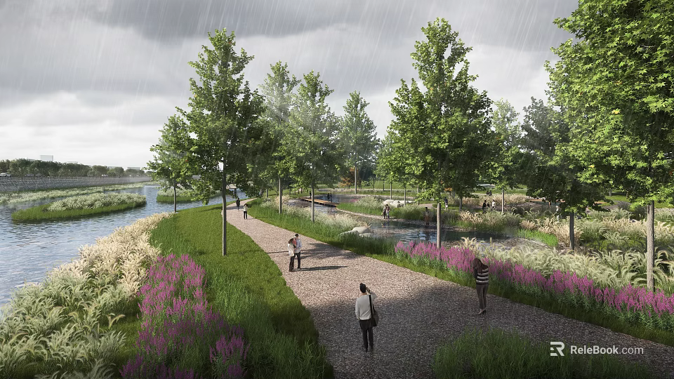 Garden Landscape With Lush Green Trees Gravel Path Purple Flowers River And People Walking 3d model 