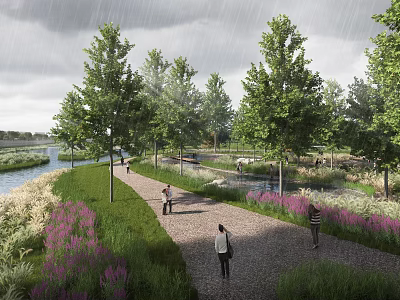 Garden Landscape With Lush Green Trees Gravel Path Purple Flowers River And People Walking 3d model