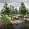 Garden Landscape With Lush Green Trees Gravel Path Purple Flowers River And People Walking