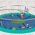 Colorful Outdoor Playground Equipment With Suspended Swings Poles And Children Playing