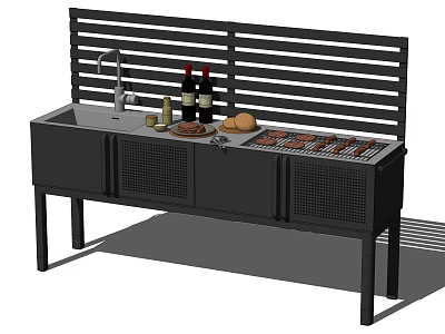 Outdoor Grill Station With Sink Wine Bottles Bread And Meat On Counter 3d model
