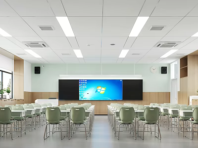 Modern School Classroom With Green Chairs White Tables Large Screen Whiteboard And Lighting 3d model