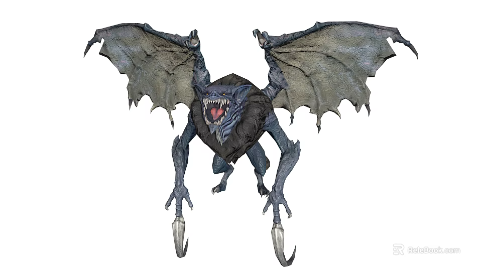 Bat-like Creature with Large Wings Sharp Claws and Open Mouth Showing Fangs 3d model 