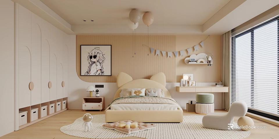 Cute Children's Room Interior With Yellow Bed Wall Painting Ceiling Balloons Storage Cabinets And Carpet 3d model 