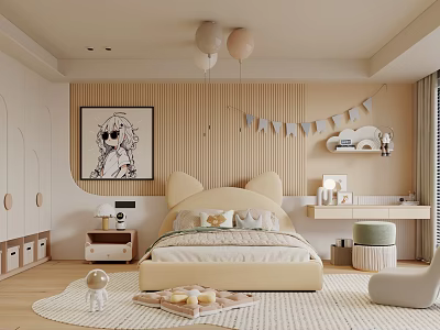 Cute Children's Room Interior With Yellow Bed Wall Painting Ceiling Balloons Storage Cabinets And Carpet 3d model