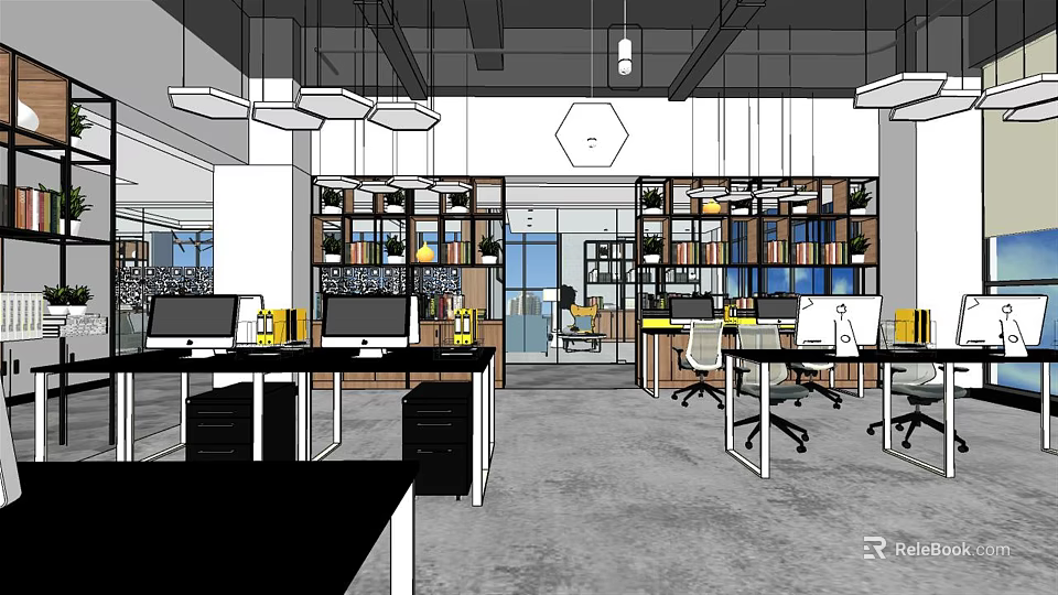 Modern Public Office Space With Open Layout Desks Computers Bookshelves And Hanging Lights 3d model 
