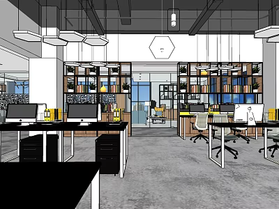 Modern Public Office Space With Open Layout Desks Computers Bookshelves And Hanging Lights 3d model