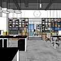Modern Public Office Space With Open Layout Desks Computers Bookshelves And Hanging Lights