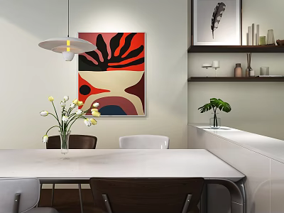 Abstract Painting In Modern Dining Room With Dining Table Chairs And Pendant Light 3d model