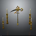 Ornate Decorative Weapon With Intricate Design Surrounded by Tall Candle Holders and Lit Candles