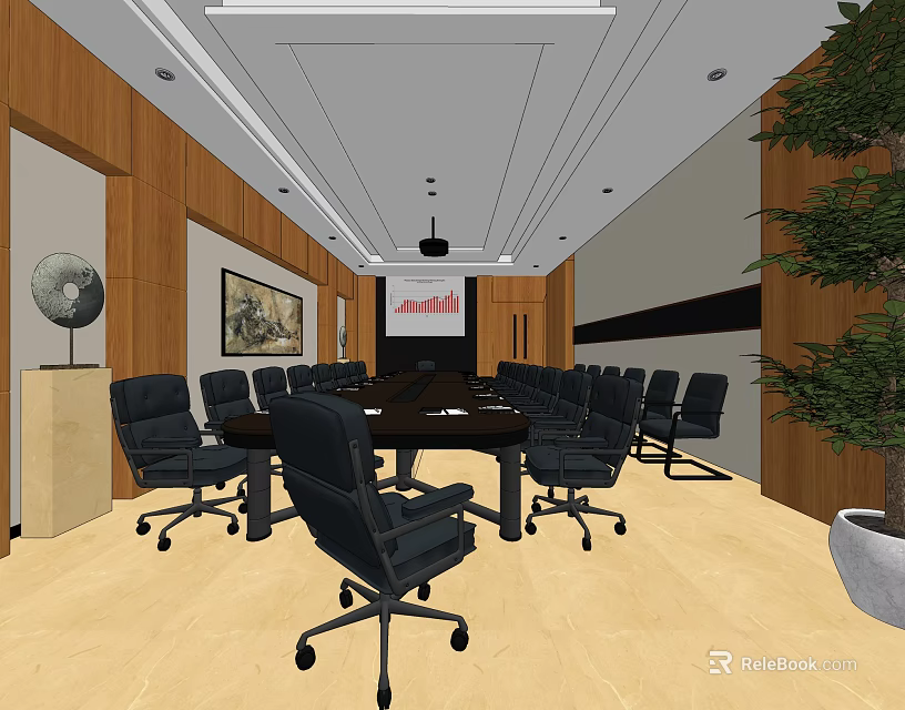 Modern Conference Room Interior Design With Large Table Black Chairs And Projection Screen 3d model 