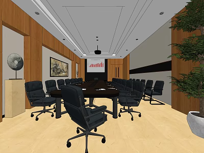 Modern Conference Room Interior Design With Large Table Black Chairs And Projection Screen 3d model