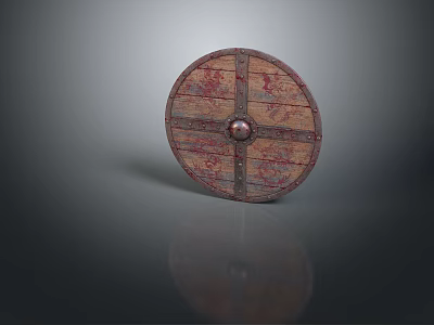 Ornate Ancient Round Wooden Shield With Red Patterns And Metal Center 3d model