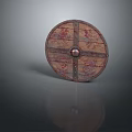 Ornate Ancient Round Wooden Shield With Red Patterns And Metal Center