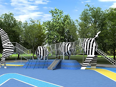 Fun Playground With Zebra Striped Climbing Structures Slide And Blue Ground Surrounded By Green Trees 3d model
