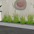 Long Rectangular Bonsai Planter With Green Grass Against Gray Wall And Circular Decorative Light 3d model