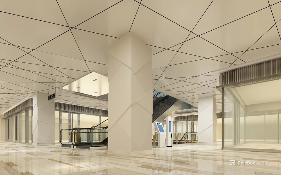 Modern Shopping Mall Lobby Interior Design With Geometric Ceiling Marble Floor And Escalators 3d model 