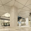 Modern Shopping Mall Lobby Interior Design With Geometric Ceiling Marble Floor And Escalators