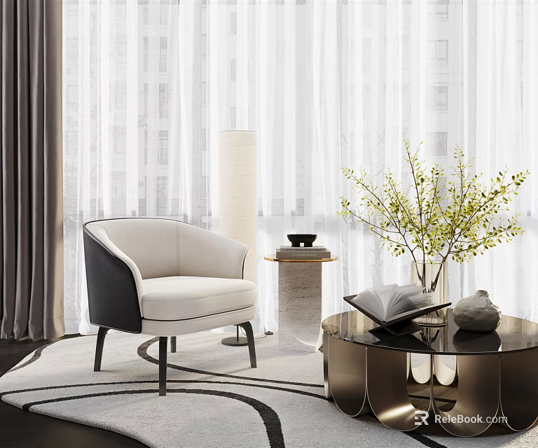 Elegant Modern Single Sofa With Floor Lamp Side Table Round Rug And Coffee Table 3d model