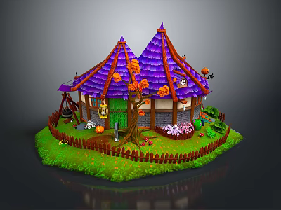 Halloween Cottage With Purple Roof Orange Pumpkins Spider Webs Fence And Grass 3d model