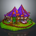 Halloween Cottage With Purple Roof Orange Pumpkins Spider Webs Fence And Grass