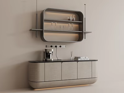 Modern Sleek Sideboard Interior With Wall Mounted Shelf Glassware And Coffee Machine 3d model