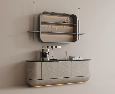 Modern Sideboard Solid Wood Sideboard Modern Hanging Cabinet Coffee Machine Wine Bottle Wine Glass 3d model