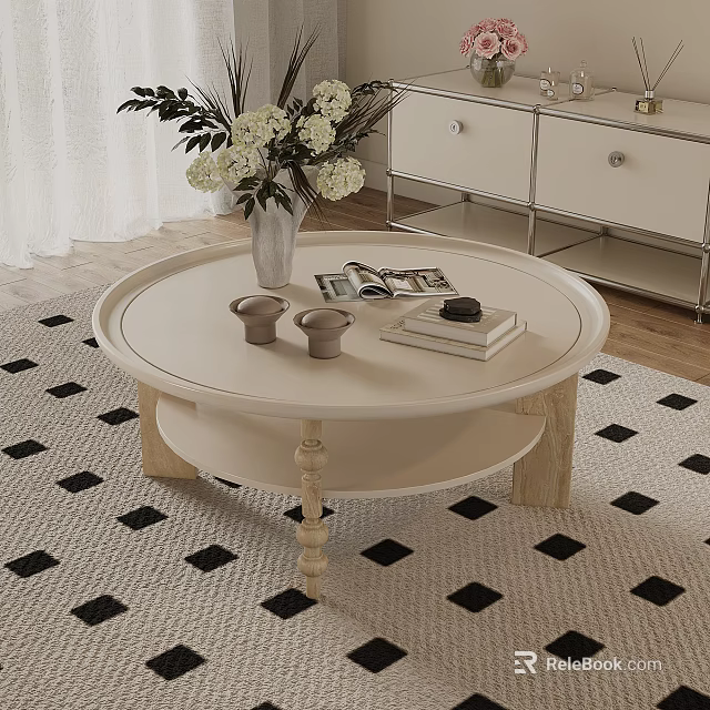 Round Light Colored Coffee Table With Wooden Legs Vase White Flowers Books And Small Cups 3d model 