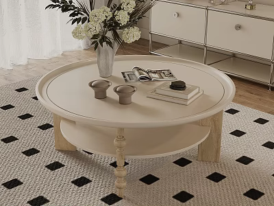 Round Light Colored Coffee Table With Wooden Legs Vase White Flowers Books And Small Cups 3d model