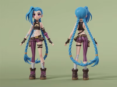 Woman With Blue Long Braided Hair Black Top Purple Striped Pants And Brown Boots 3d model