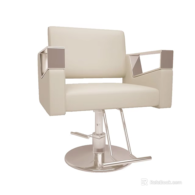 Modern Beige Leather Salon Chair With Square Armrests And Silver Swivel Base 3d model 