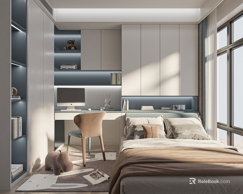 Modern Tatami Bedroom Interior With Built in Storage Desk And Natural Light 3d model 