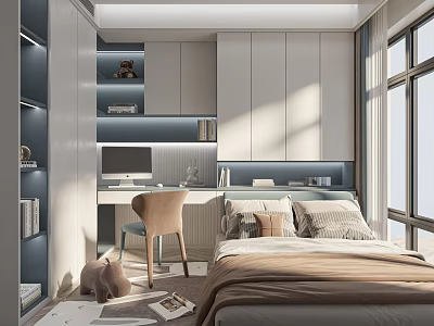 Modern Tatami Bedroom Interior With Built in Storage Desk And Natural Light 3d model